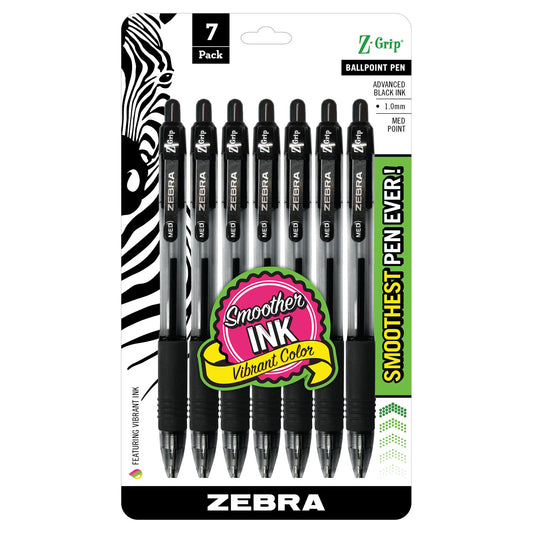 Zebra Z-Grip Retractable Ballpoint Pens, Medium Point, 7-pack