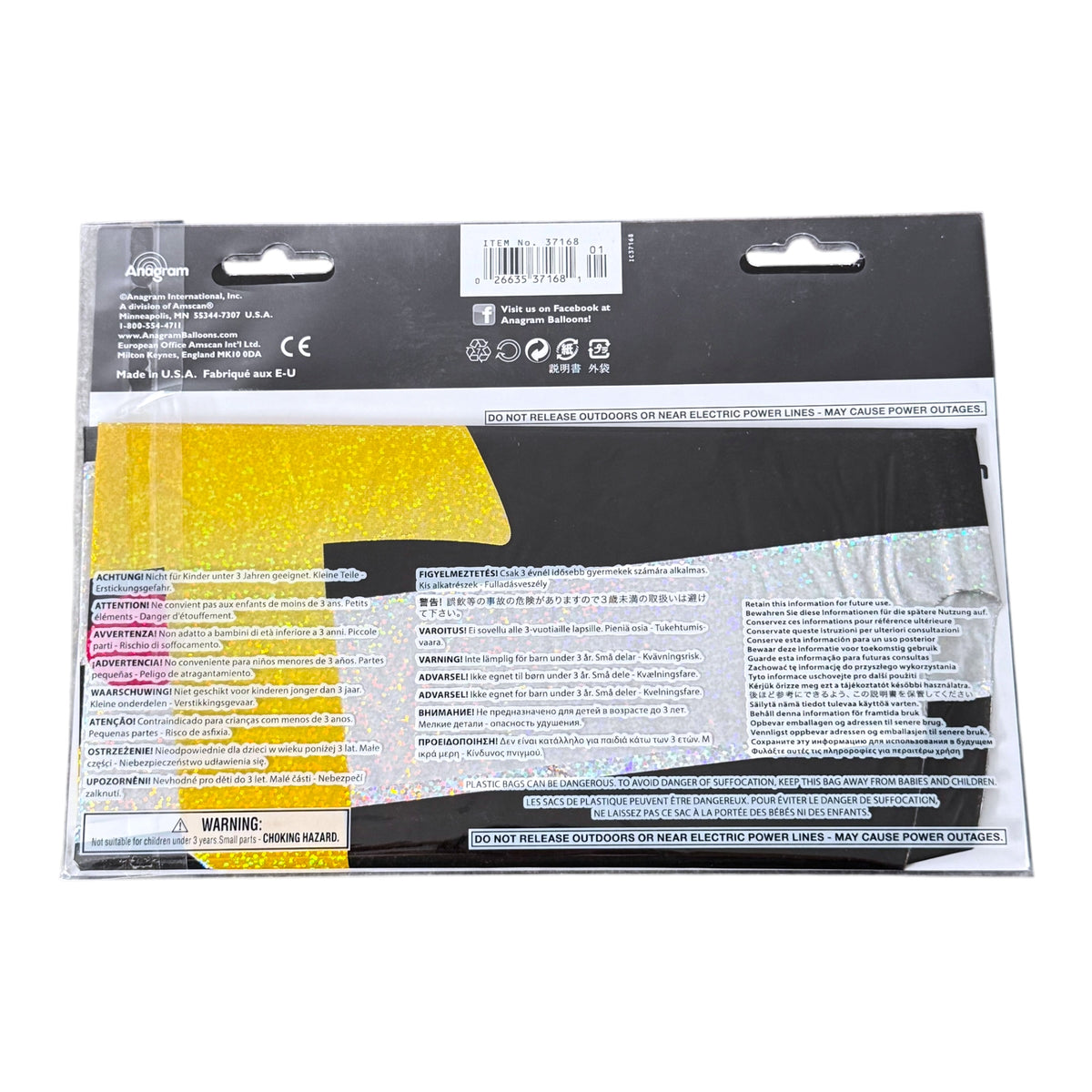 Packaged black and gold foil balloon, shown from the back of its clear plastic blister packaging with a black cardboard header.