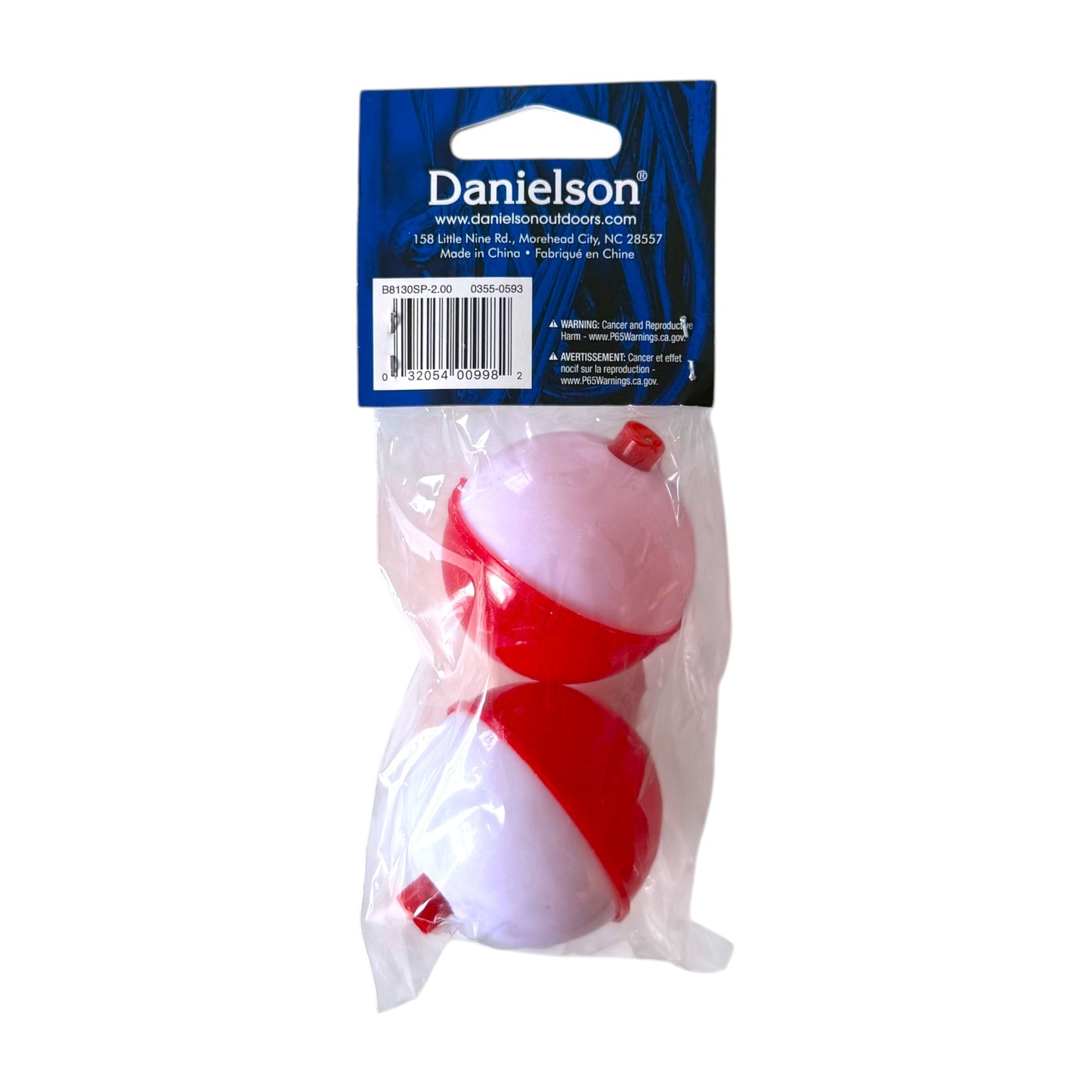 Danielson brand two red and white plastic ball floats in clear plastic packaging with a blue brand header card, on a white background.