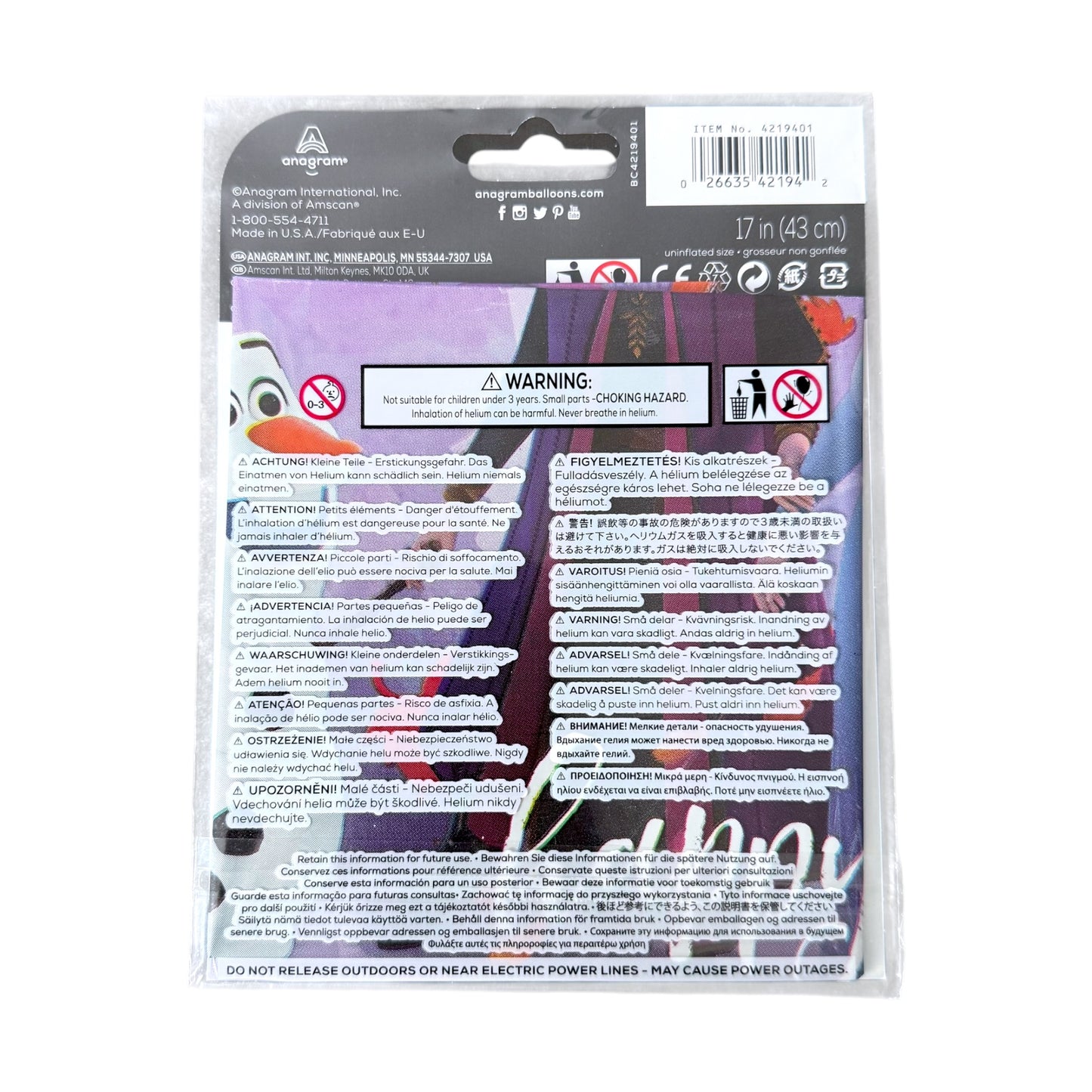 A packaged foil balloon sealed in clear plastic packaging with printed warning labels