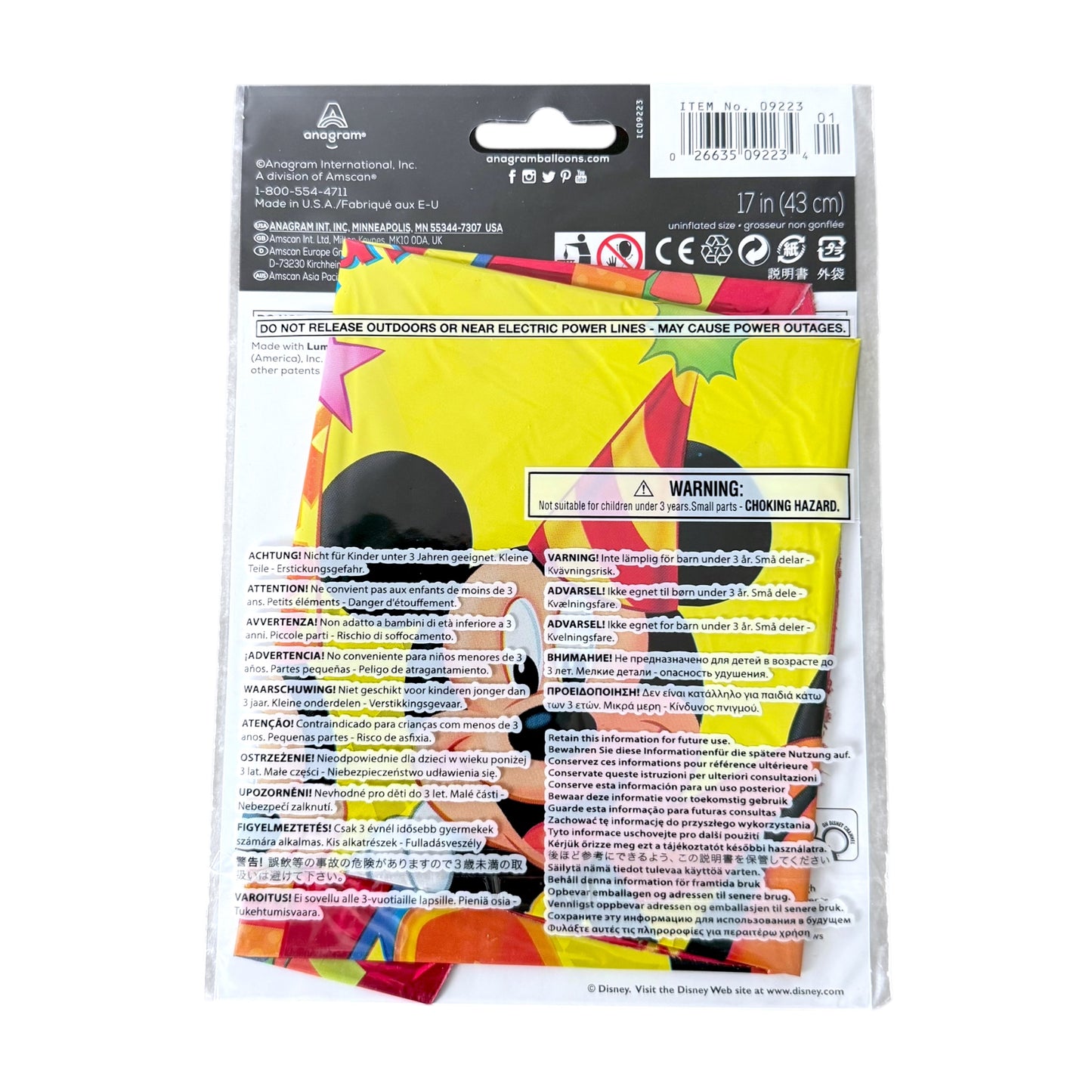 Packaged Mickey Mouse-themed party balloon with printed safety instructions on the back.
