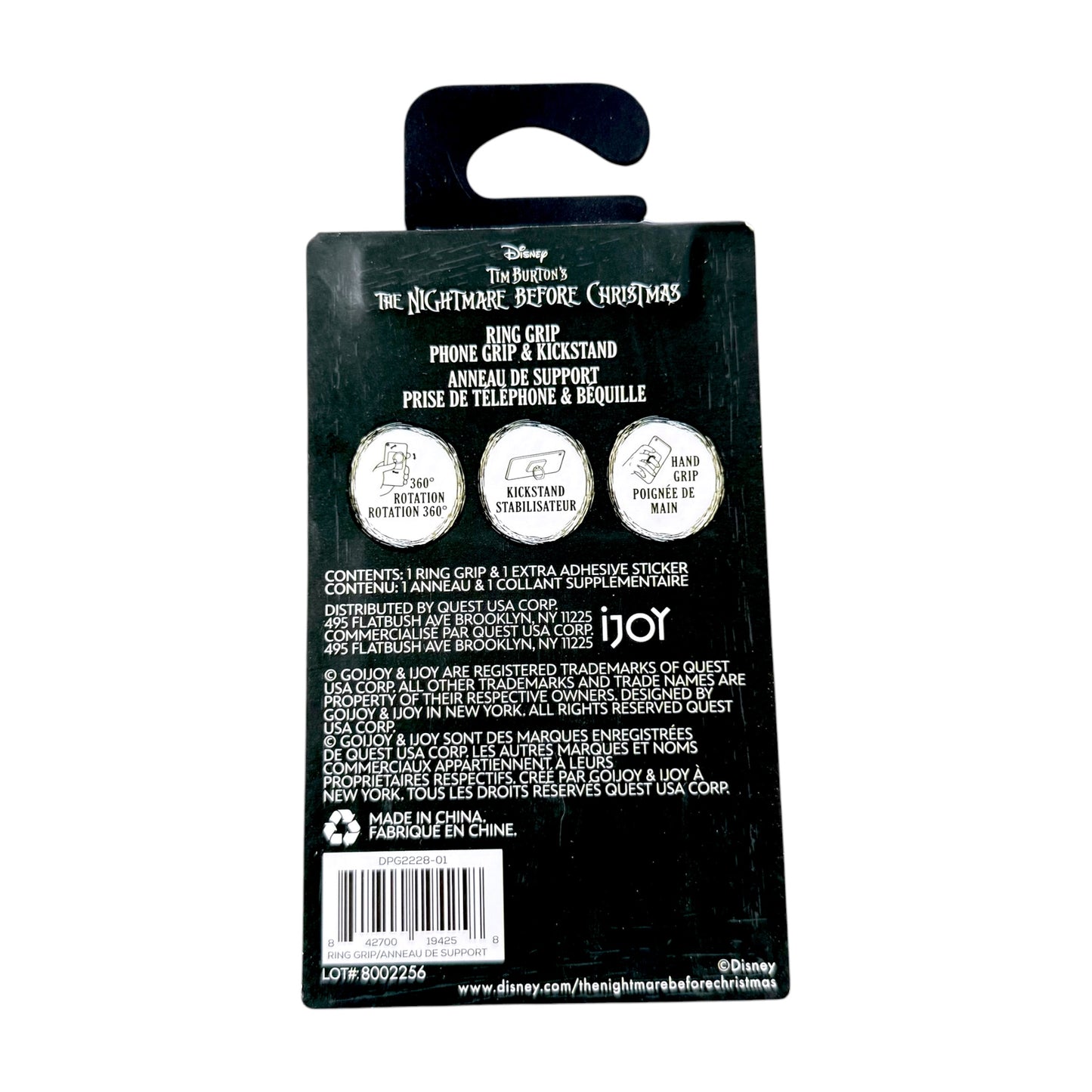 The back of a Disney The Nightmare Before Christmas ring grip and stand retail packaging card, showing product information, icons, barcode, and Disney branding on a black background.