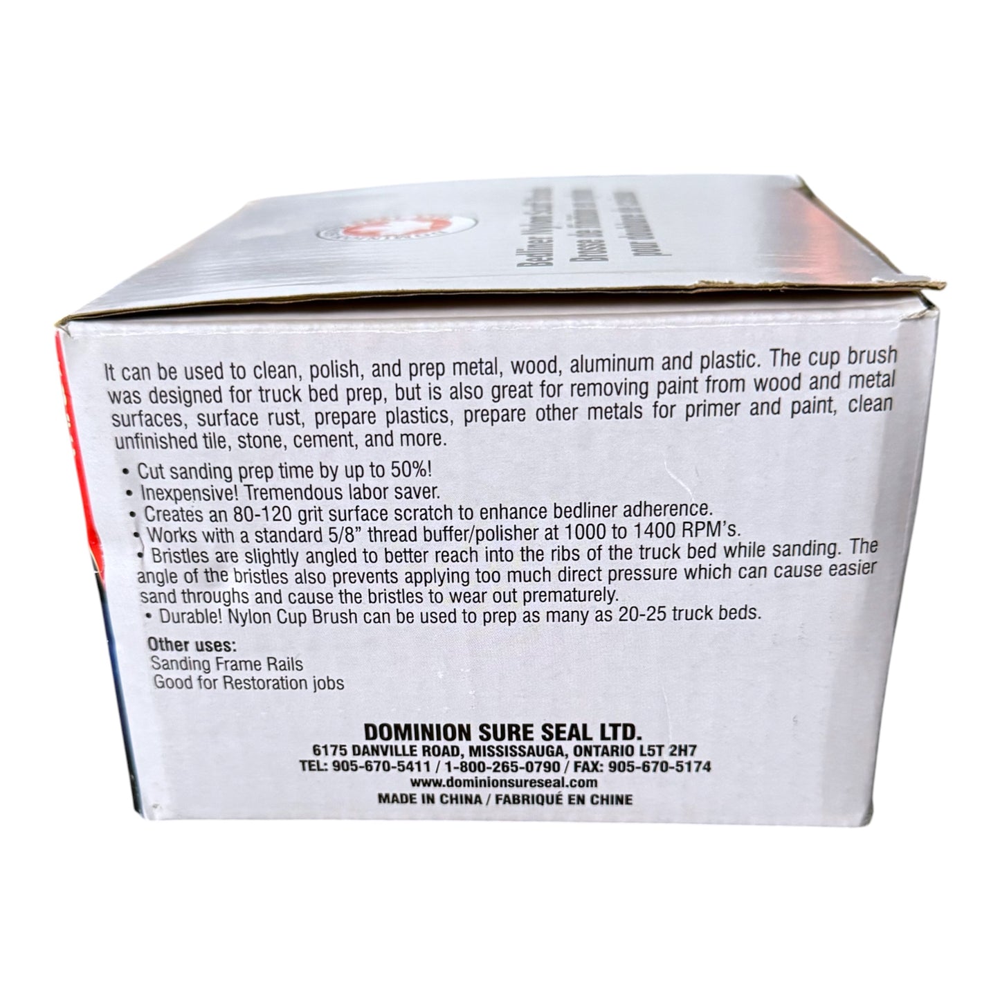 The back of a white cardboard box for a scuff brush, showing product details and specifications in black text, with the brand 'DOMINION SURE SEAL LTD.' printed at the bottom.