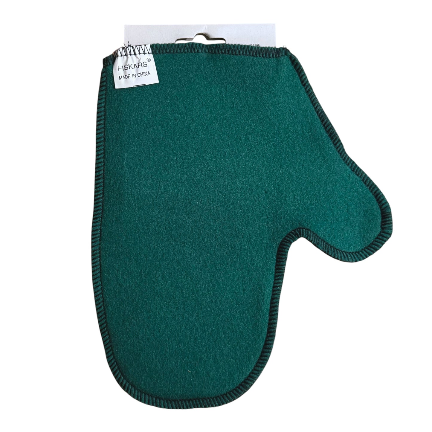 A dark green felt mitt with black stitched trim, shown flat against a white background with its paper header card attached.