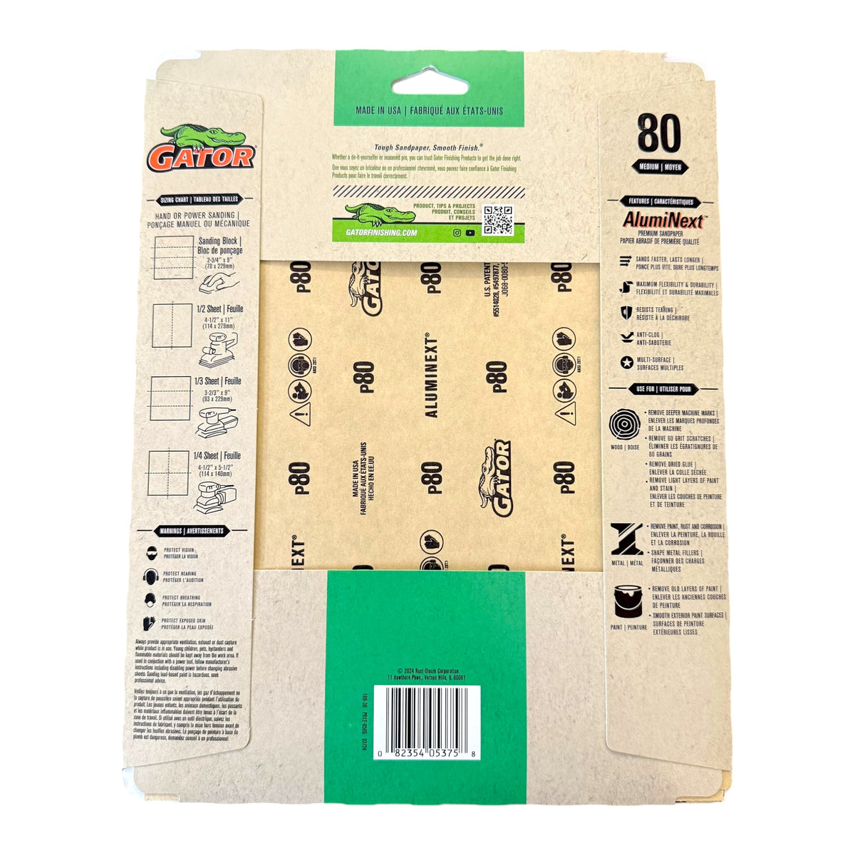 Gator sandpaper packaging with branding and product details on a white background