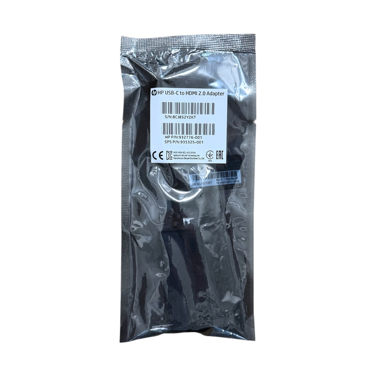 Photo of a HP USB-C to HDMI 2.0 Adapter with model number 1WC36UT shown in retail packaging on a white background