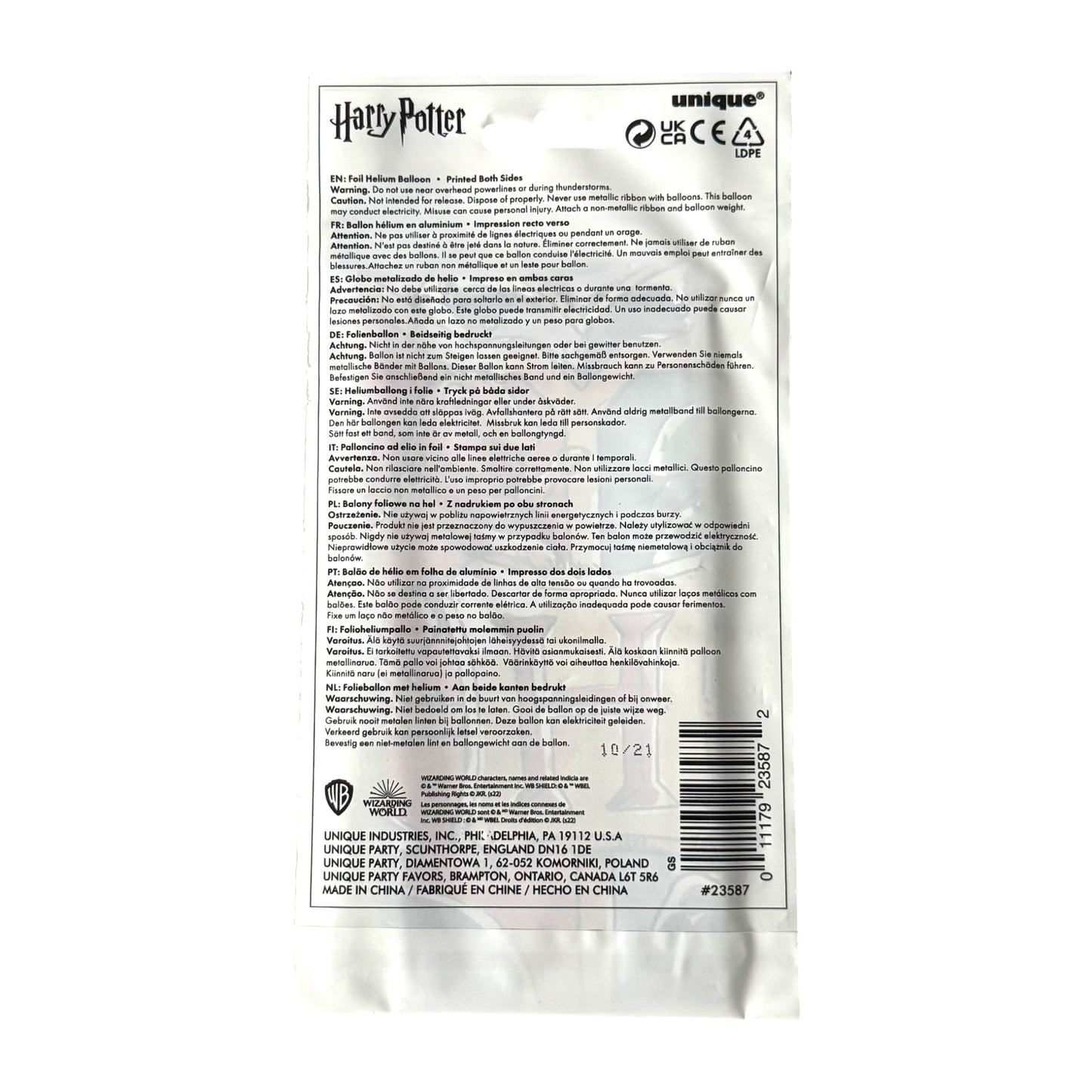 The back of a Harry Potter unique brand balloon, showing product information, warnings, barcodes, and a hang tab, photographed on a white background.