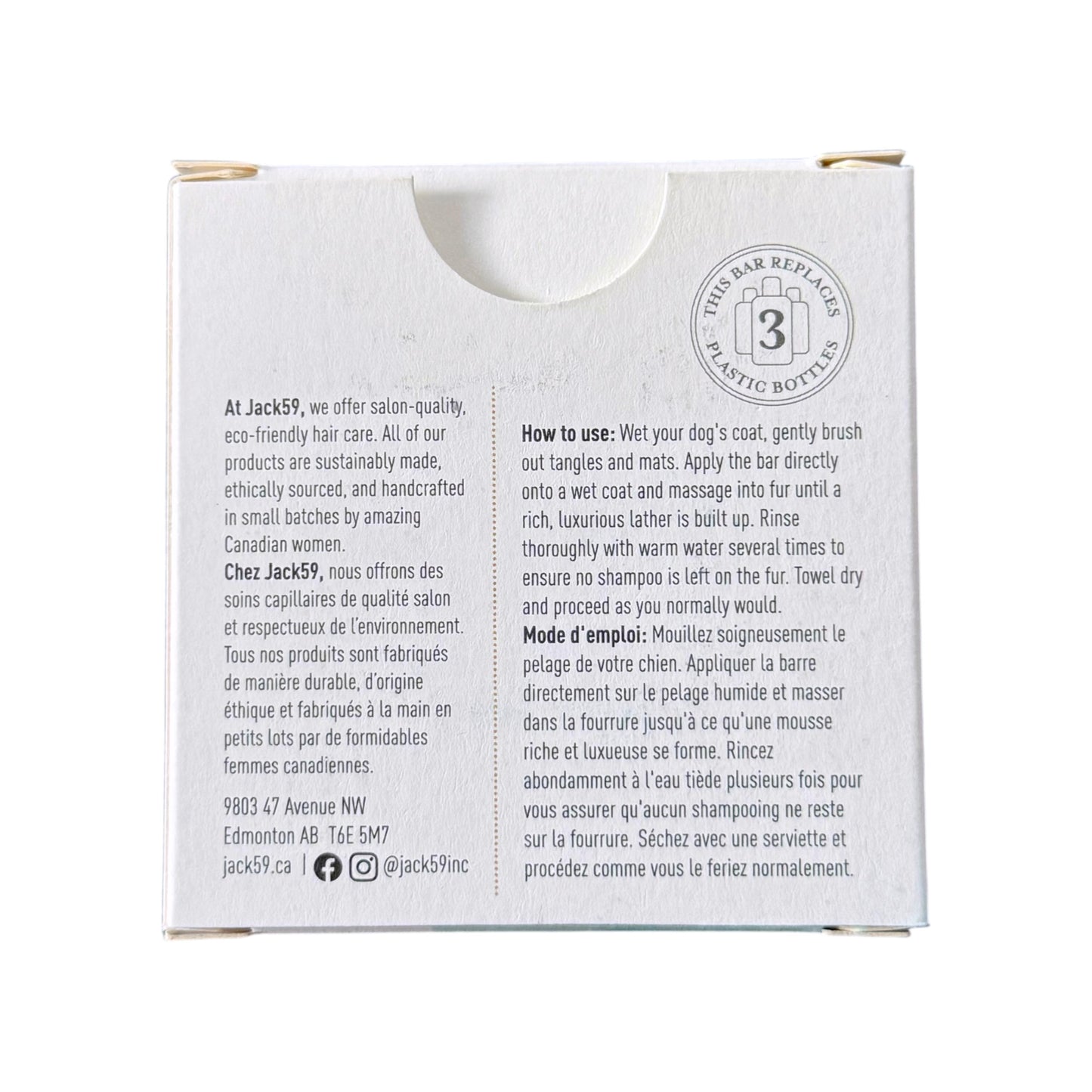 The back of a white cardboard box for Jack 59 pet hair care products, featuring bilingual English and French instructions, company details, and a circular logo.