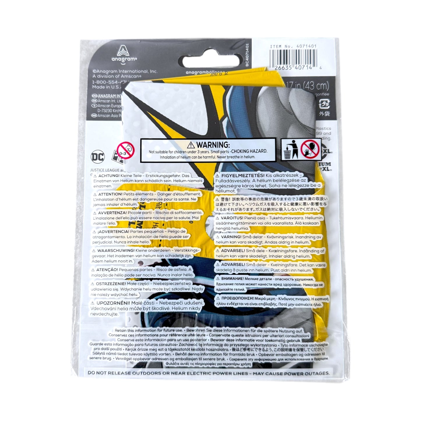 A packaged foil balloon shown in its clear plastic packaging with warning labels and DC branding.