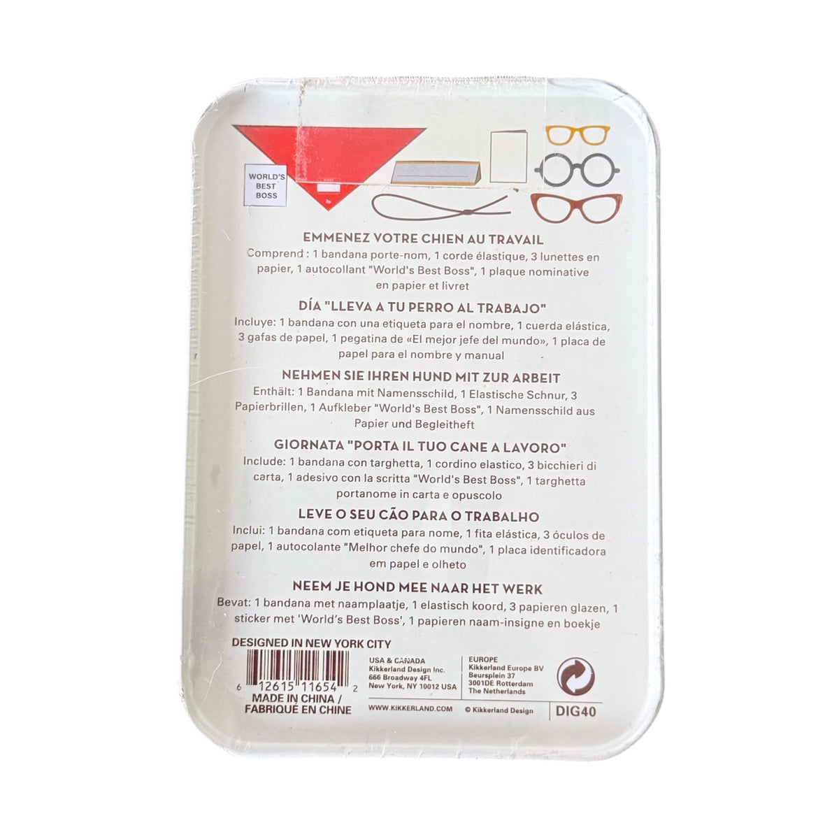 The back of a white rectangular package with rounded corners, showing printed instructions and product information in French and English, including a small illustration of a paper airplane and a red-and-white triangle at the top left.