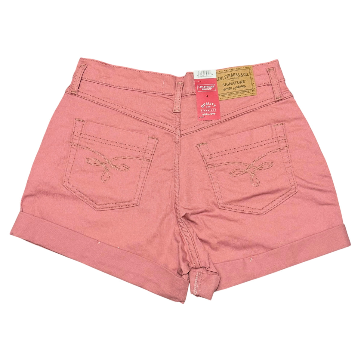 Photo shows a pair of pink Levi Strauss Signature Women's Vintage A-Line Western Shorts with retail tags attached. Shown on a white background.