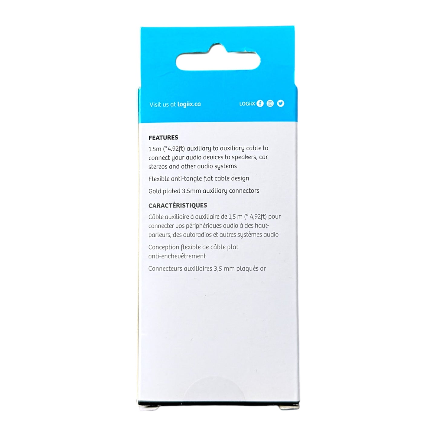 The back of a Logiix auxiliary cable packaging box, featuring product features in English and French on a white background with a bright blue header card.