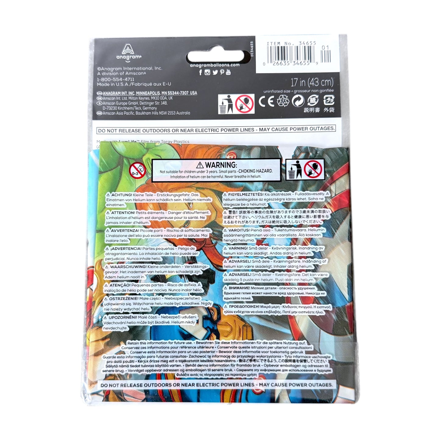 Back packaging of a foil balloon featuring character artwork, warning labels, and product information on a white background.