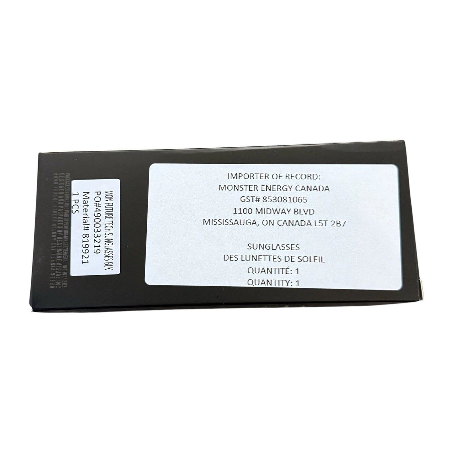 A black rectangular sunglasses box with white labels showing import and record details, photographed on a plain white background.