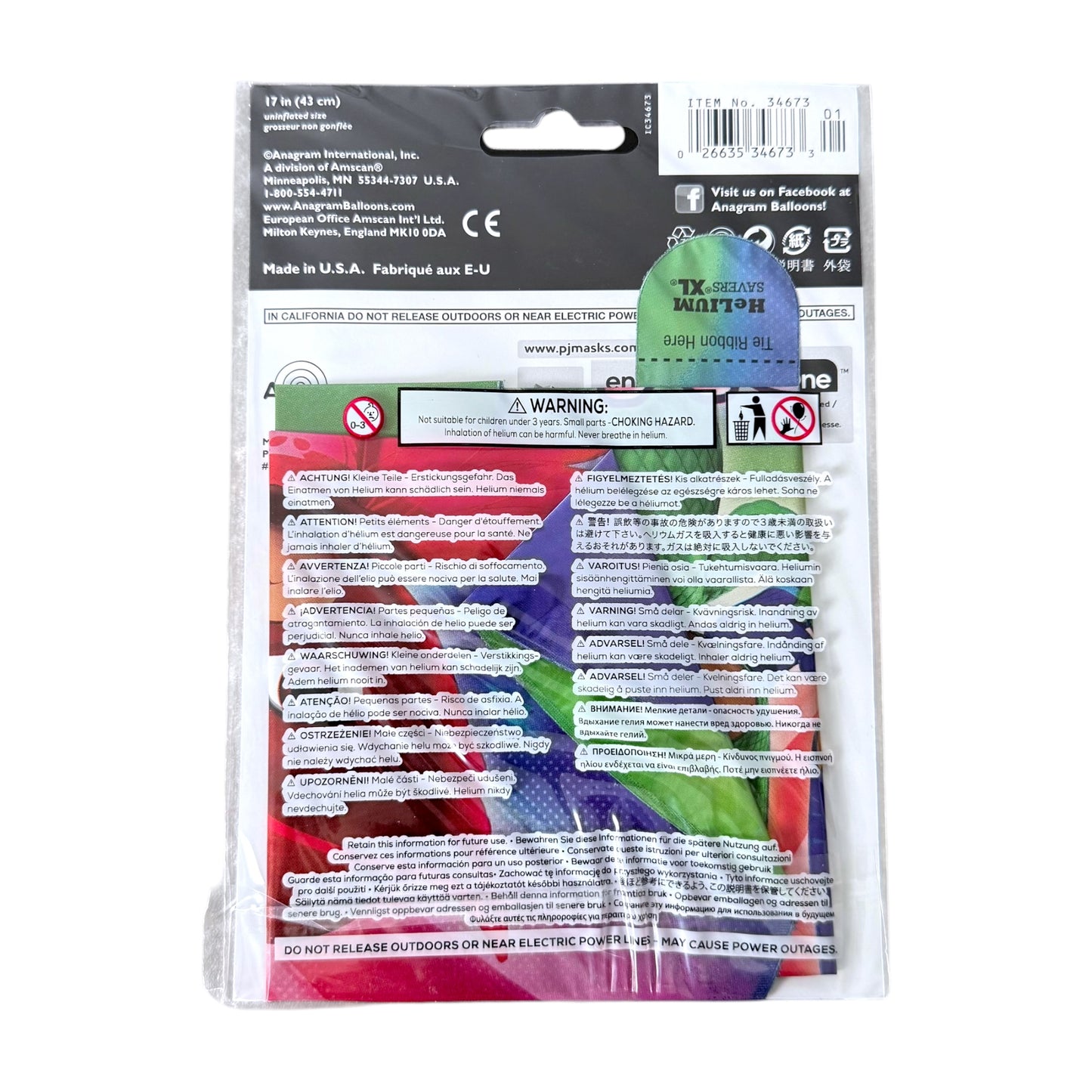 Packaged multicolour foil balloon printed warning labels and a hanging tab, photographed on a plain white background.