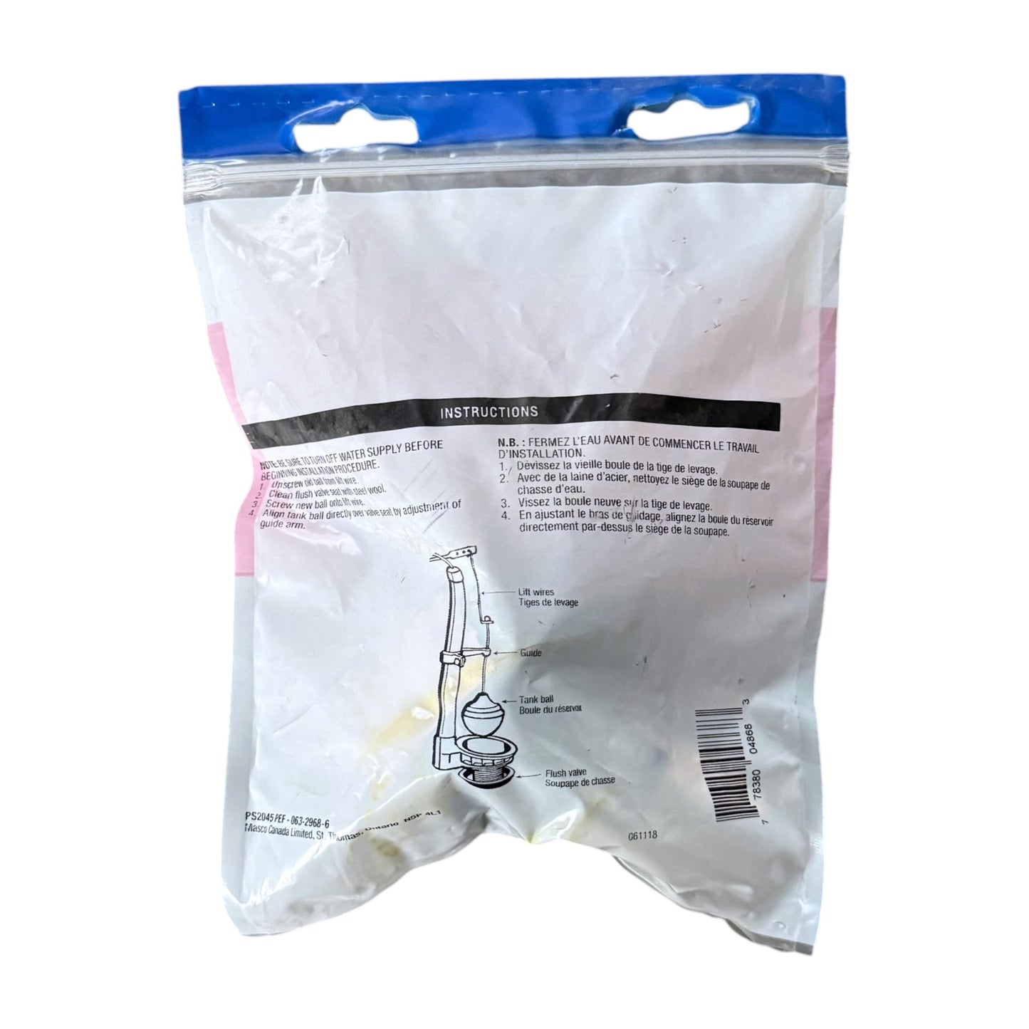 A sealed plastic bag containing a PlumbShop Self-Aligning Toilet Tank Ball PS2045 shown from the back. The bag has a blue top, white background, printed instructions in black, and a barcode near the bottom.