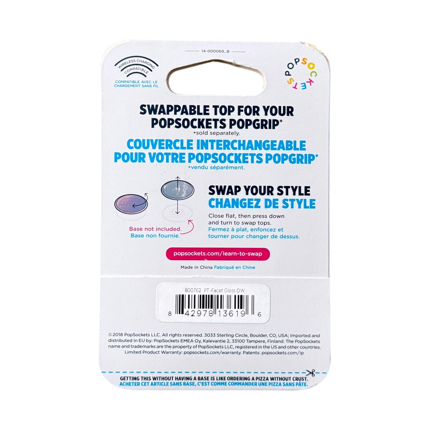 PopSockets Poptop swappable top packaging card, showing product details, instructions, and a barcode on a white background.