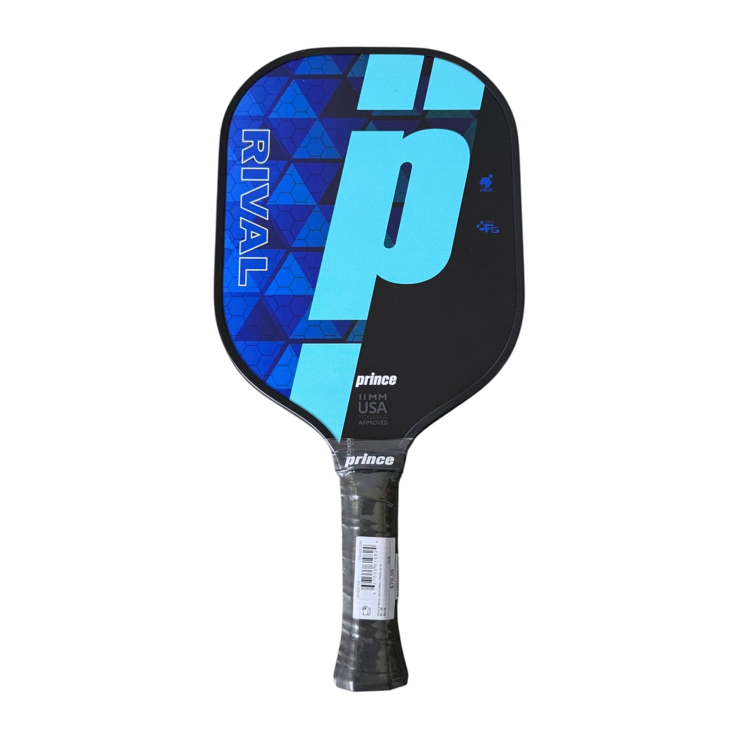Blue and black pickleball paddle with 'Rival' and 'Prince' branding on a white background