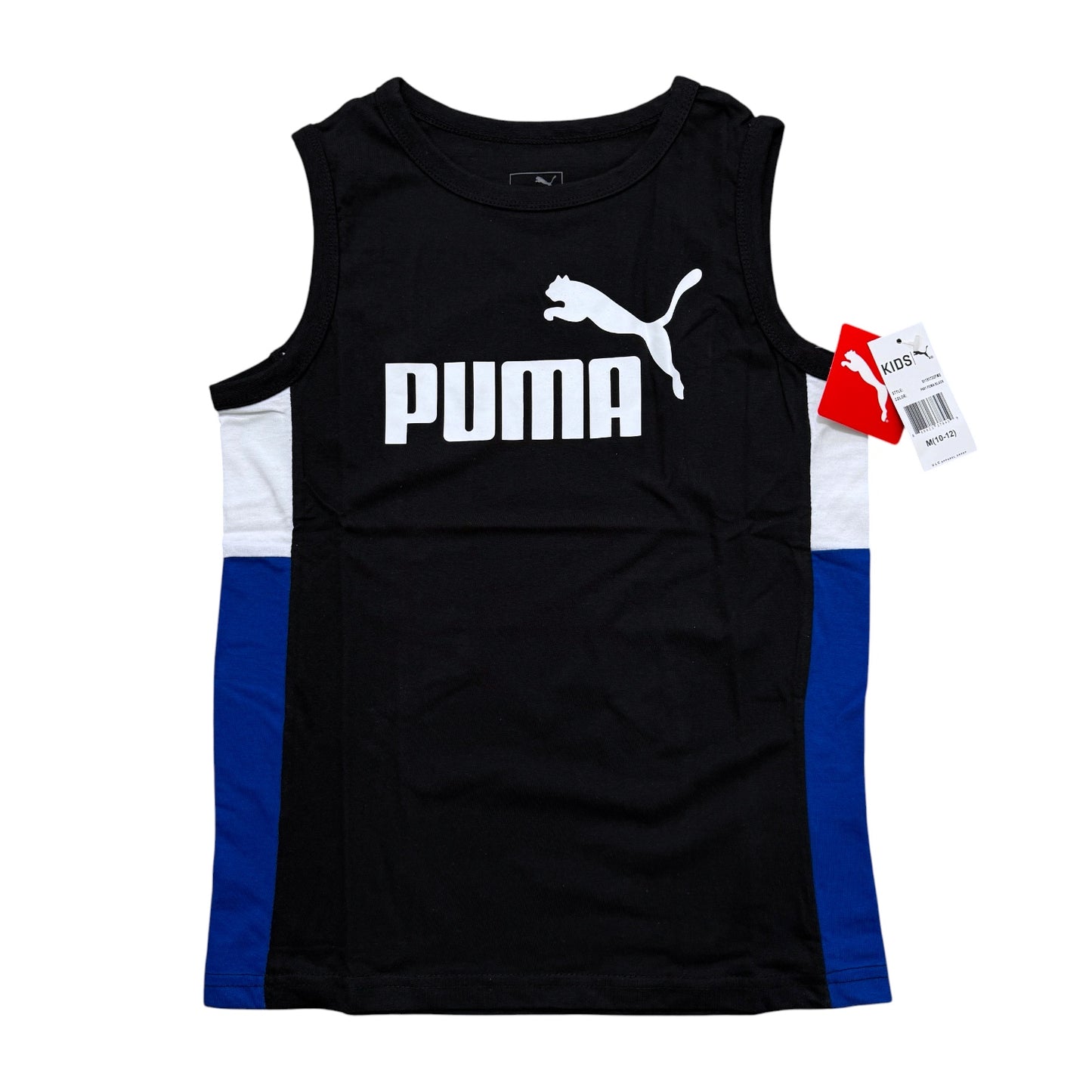 A Puma sleeveless athletic tank top in black, white, and blue, featuring a large white Puma logo on the chest and a red and white product tag attached to the right side.
