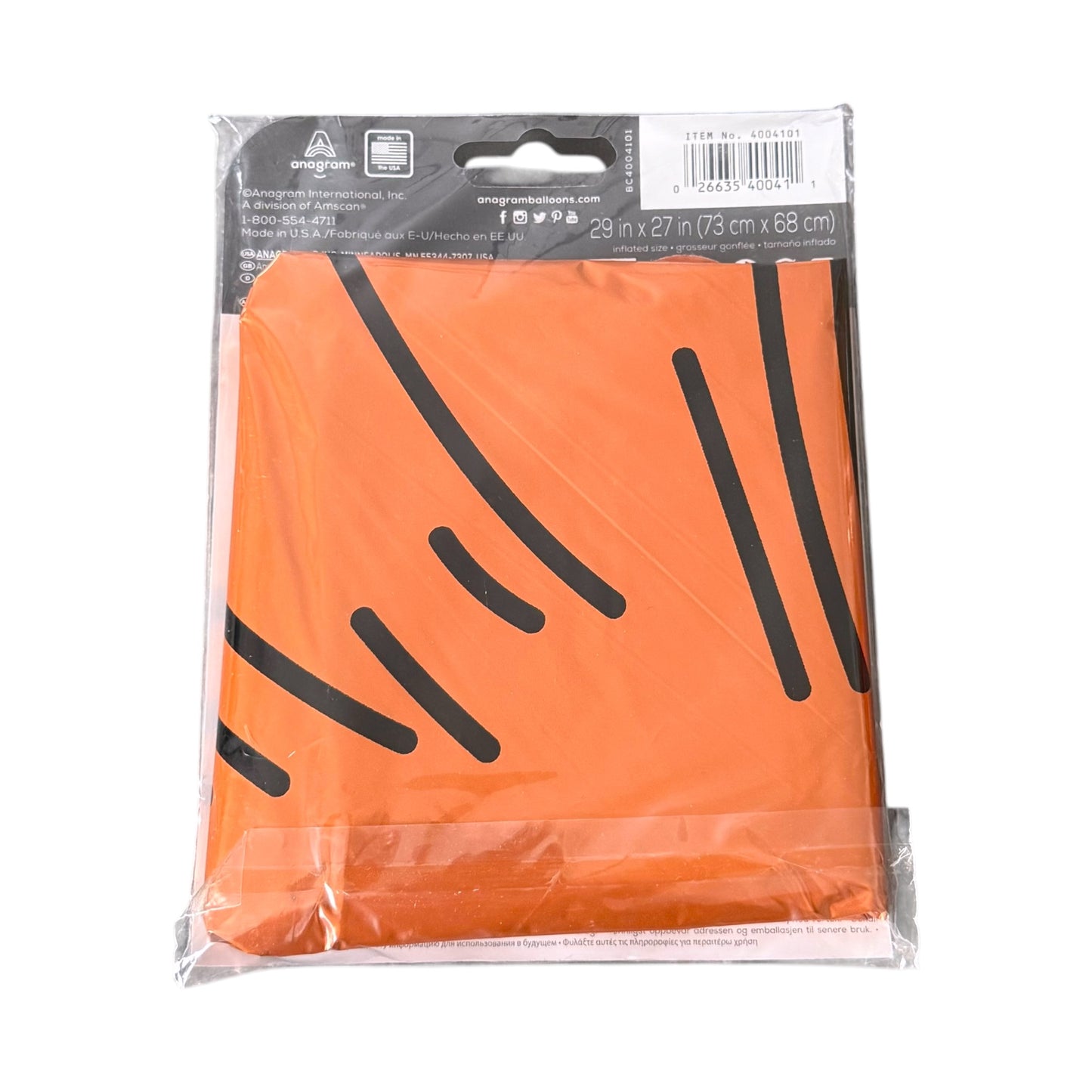 Orange foil balloon, packaged in a clear plastic bag with a black header card.
