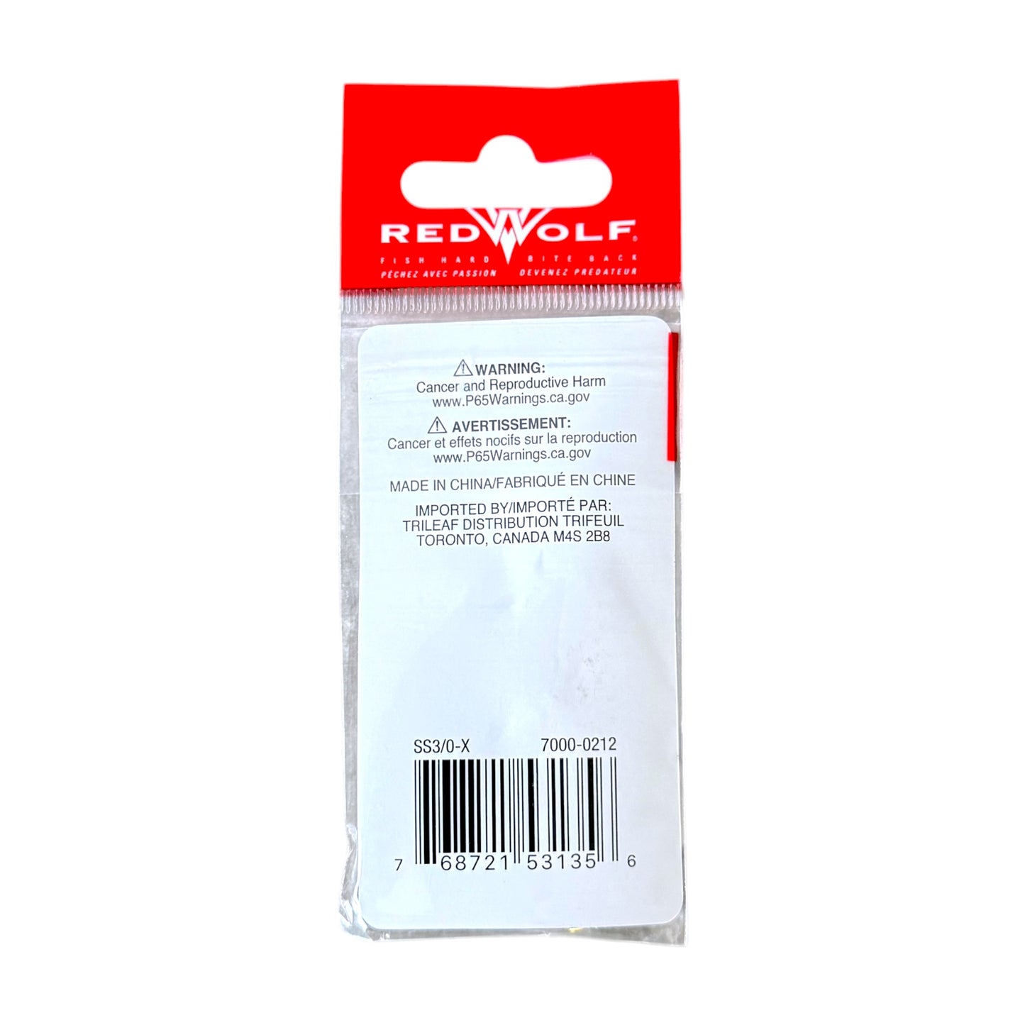 Red Wolf brand packaging, showing the back of the clear plastic blister card with a red header and white warning label.