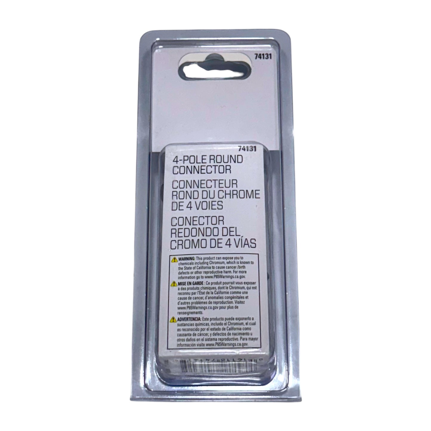 A packaged 4-pole round connector in clear plastic blister packaging with a white label reading '4-POLE ROUND CONNECTOR' and warning text, photographed on a plain white background.