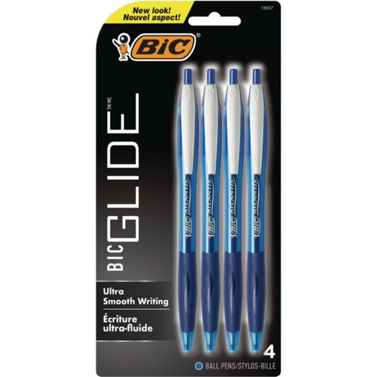BIC Glide Retractable Ball Pen, Medium Point (1.0 mm) - Blue - 4-Pack
