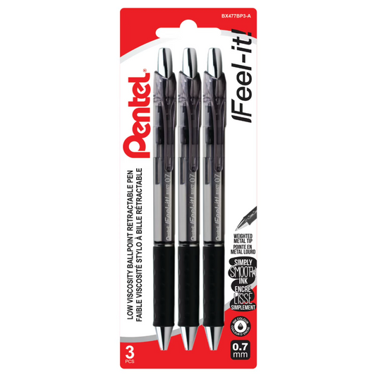 Pentel 'Feel-It!' Retractable Ballpoint Pen, (0.7mm), Black Ink, 3-Pack