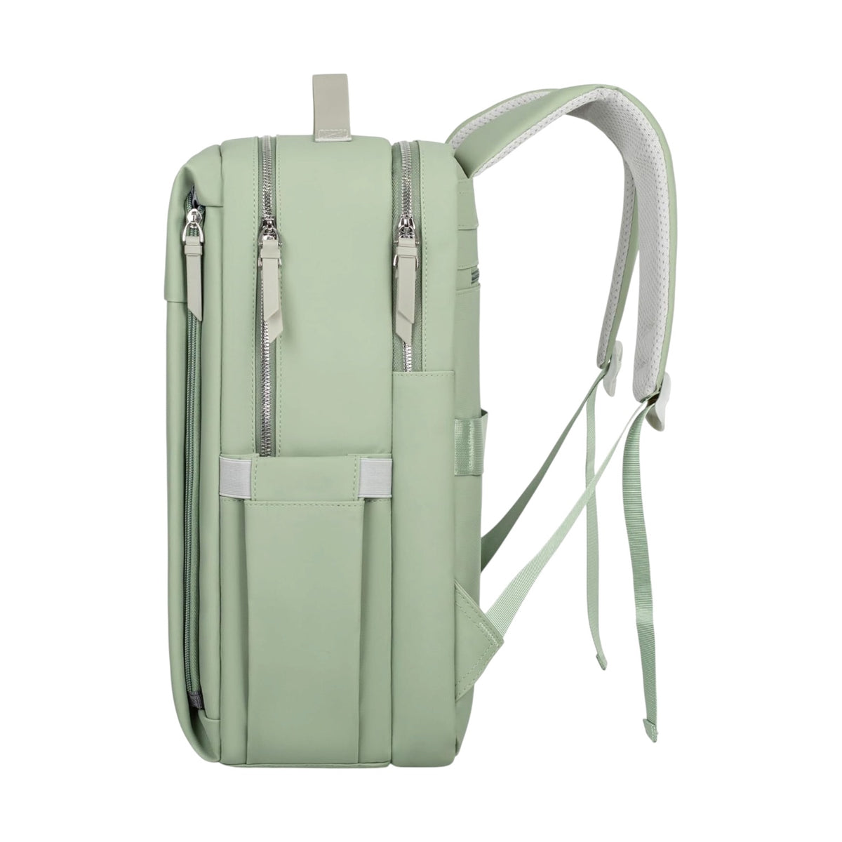 Photo shows a green Travel Laptop Backpack on a white background.