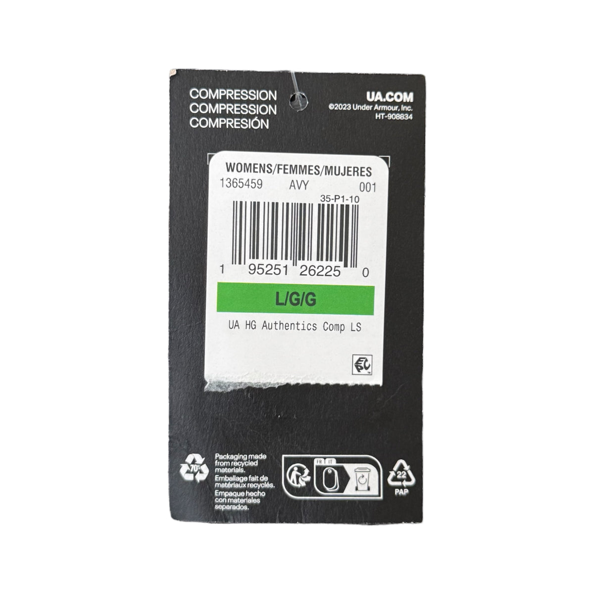Black tag with product information on a white background