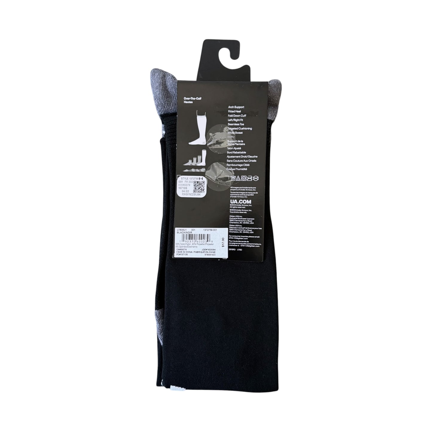 A pair of black athletic crew socks with gray ribbed cuffs, packaged on a black cardboard hanger with product details printed on the back.