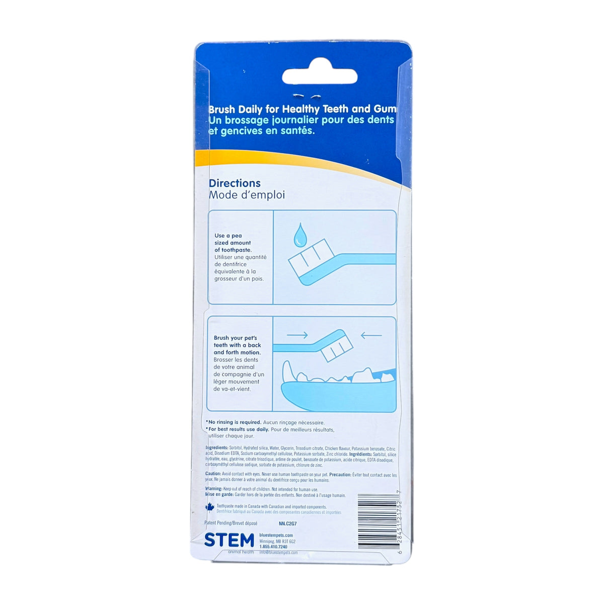 Oral hygiene instruction card in blue and white packaging, showing step-by-step directions for brushing teeth and flossing gums.