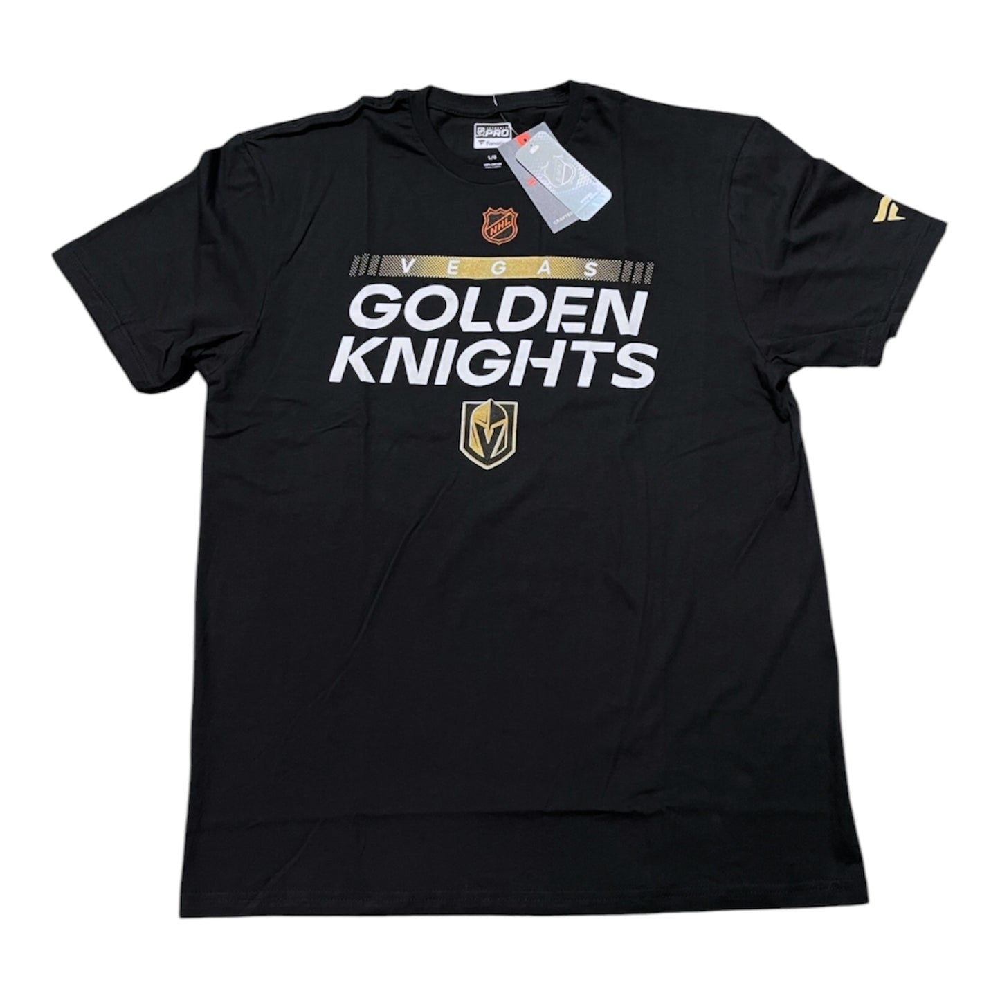 A black short-sleeve t-shirt with 'VERS GOLDEN KNIGHTS' printed in white across the chest, featuring the Vegas Golden Knights team logo in gold and white. The shirt is laid flat on a white background with its retail tags still attached.