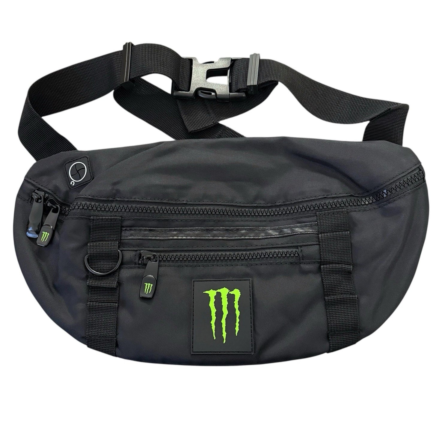 A black Monster Energy crossbody fanny pack with a bright green claw logo patch on the front, shown against a plain white background.