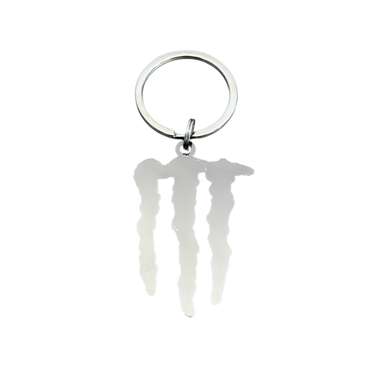 Metal monster energy keychain with a logo on a white background