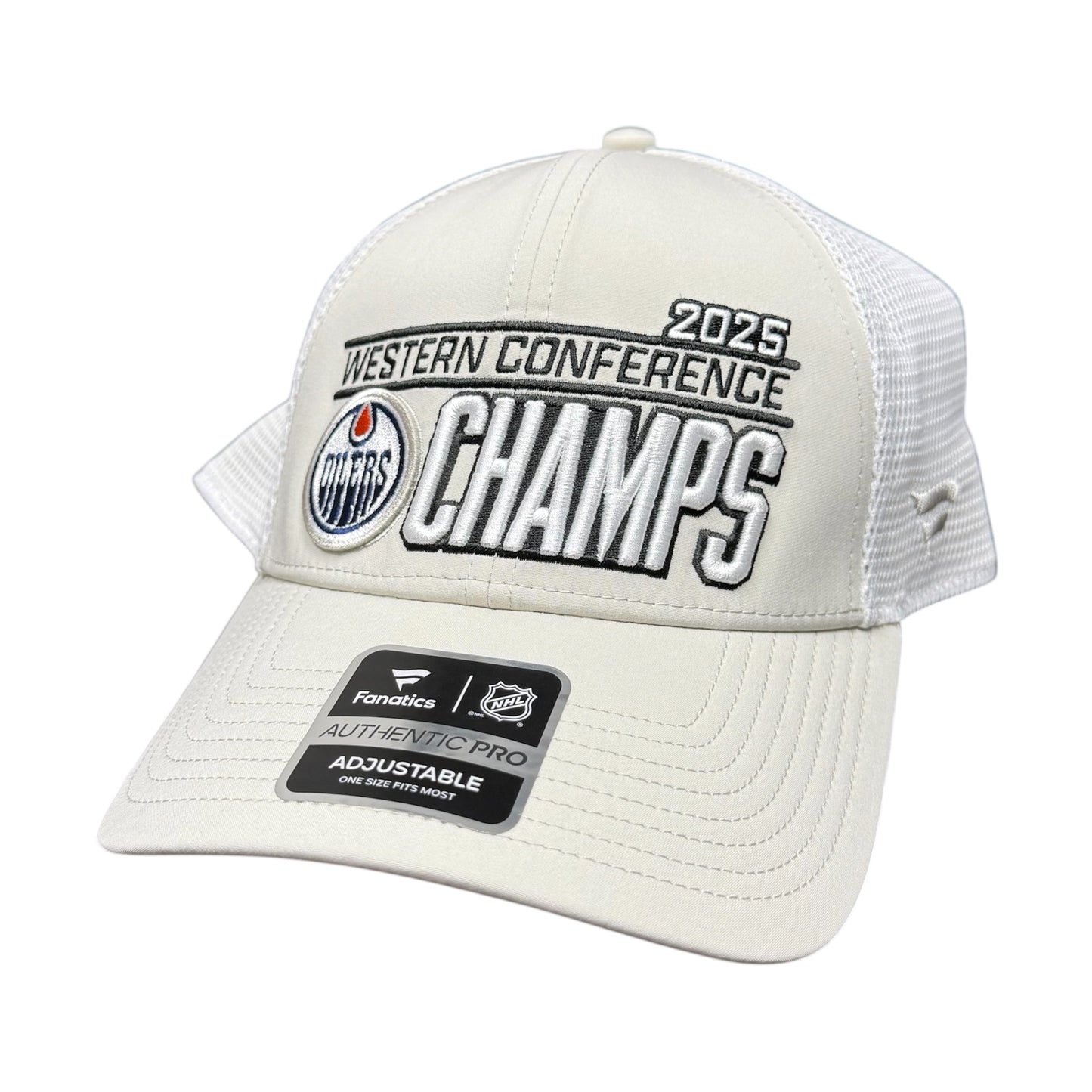 White trucker cap with '2025 Western Conference Champs' text and Edmonton Oilers logo on a white background