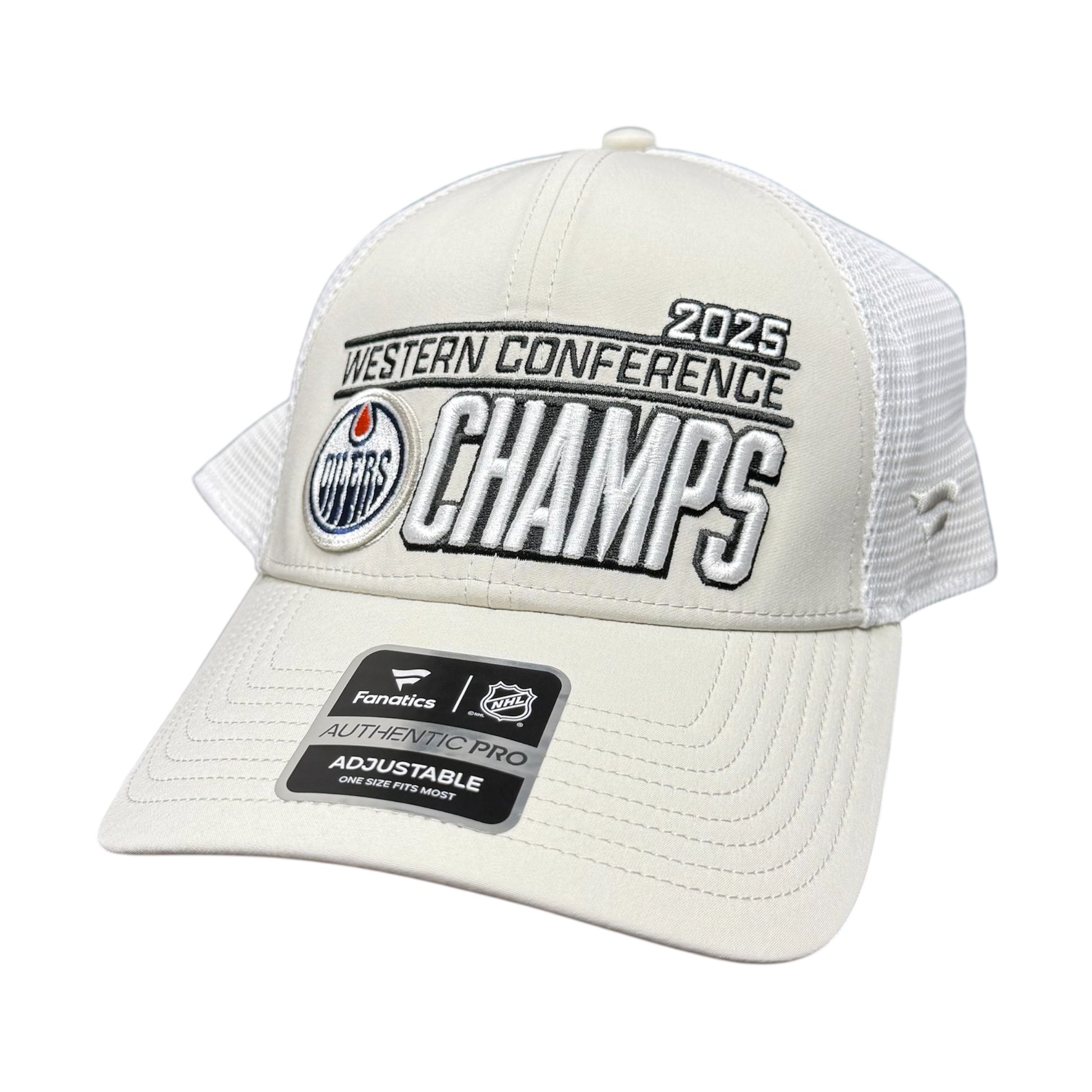 White trucker cap with '2025 Western Conference Champs' text and Edmonton Oilers logo on a white background