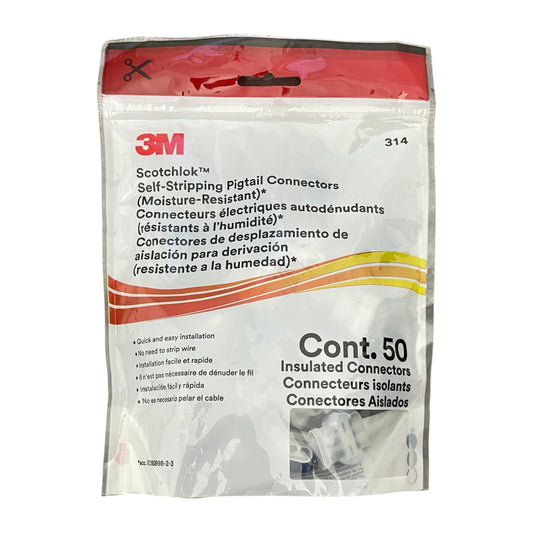 Package of 50 3M Scotchlok self-stripping pigtail connectors on a white background