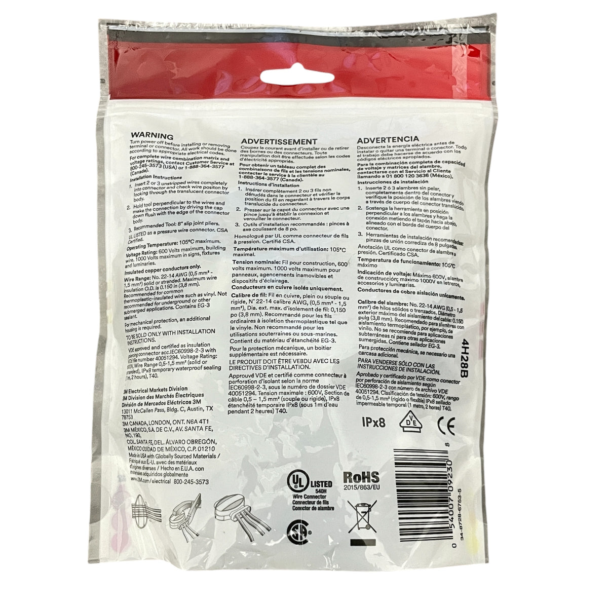 Package of 50 3M Scotchlok self-stripping pigtail connectors on a white background
