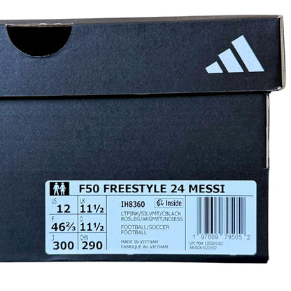 Close-up of an Adidas shoe box showing the size and model information for the F50 Freestyle 24 Messi edition, with a white size label on a dark charcoal box and the Adidas logo in the top right.