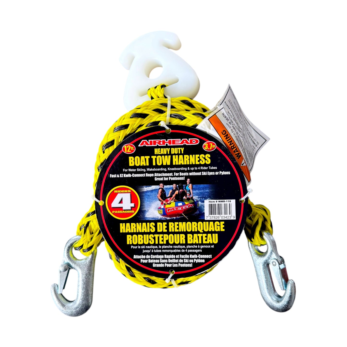 Airhead heavy duty boat tow harness with yellow and black rope, silver metal hooks, and a black circular product label on a white background.