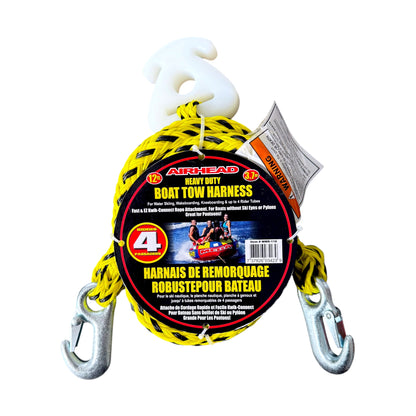 Airhead heavy duty boat tow harness with yellow and black rope, silver metal hooks, and a black circular product label on a white background.