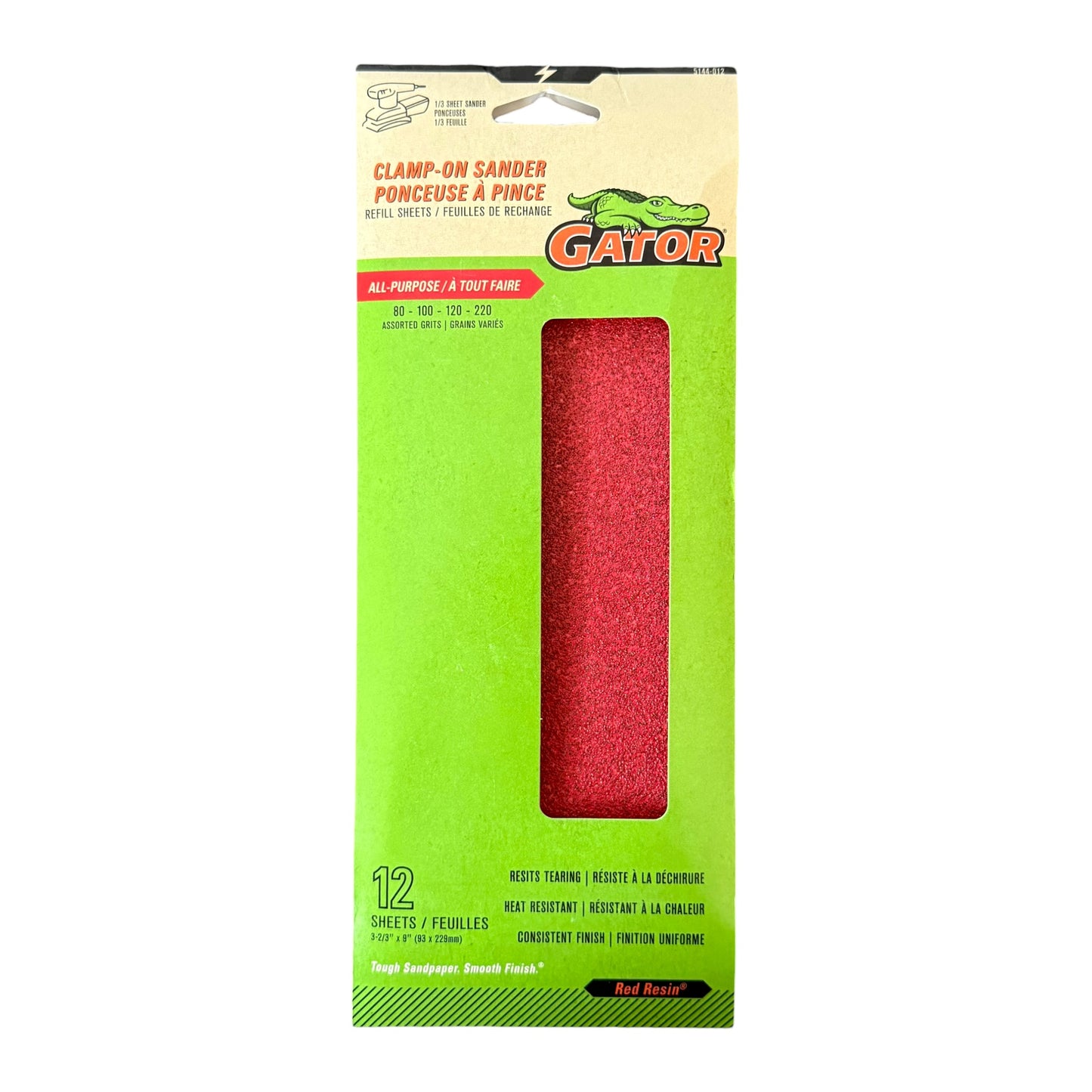 Gator clamp-on sander packaging with red sandpaper sheets on a white background