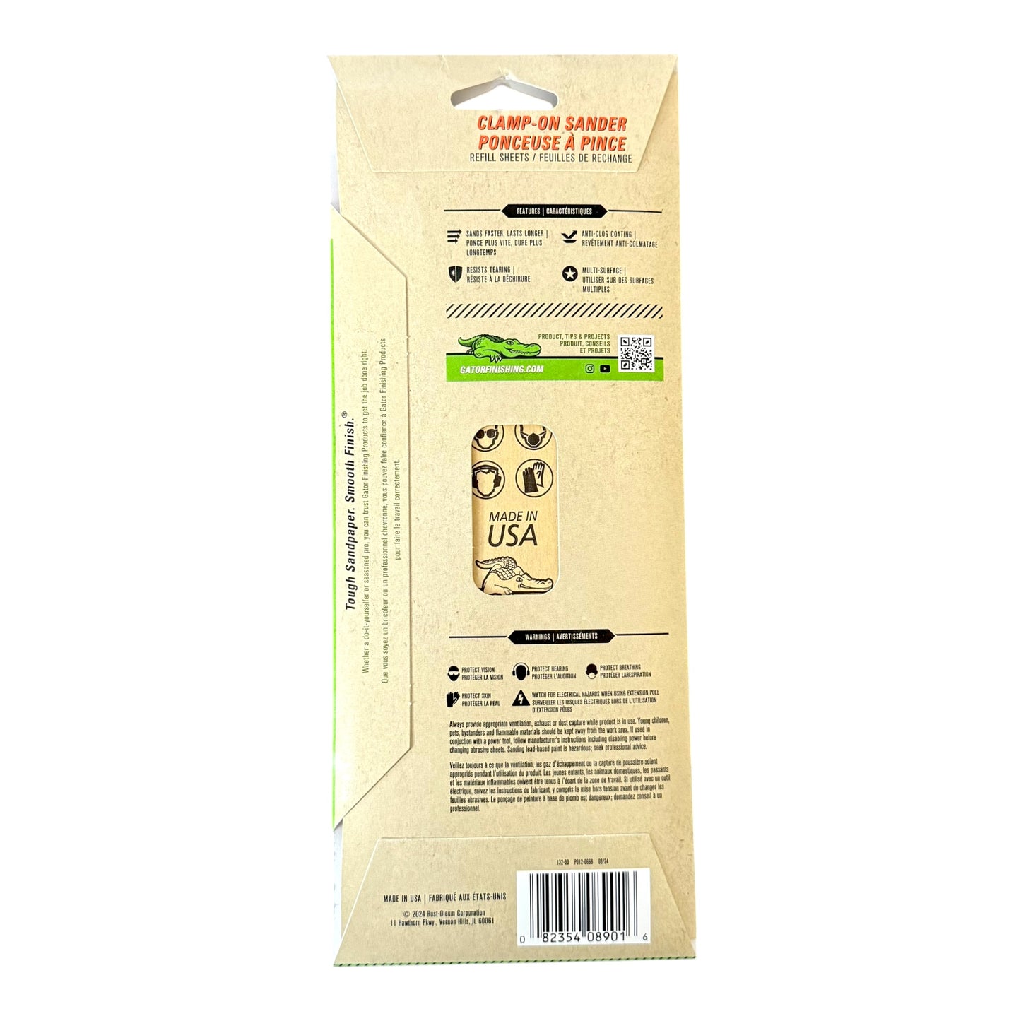 Cardboard packaging of Gator clamp-on sander sheets with text and branding on a white background