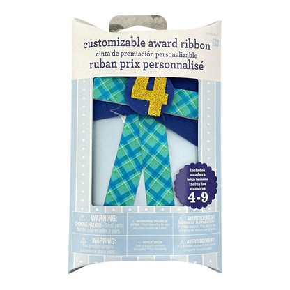 Packaged customizable award ribbon with blue and green plaid design and number 4 on a white background