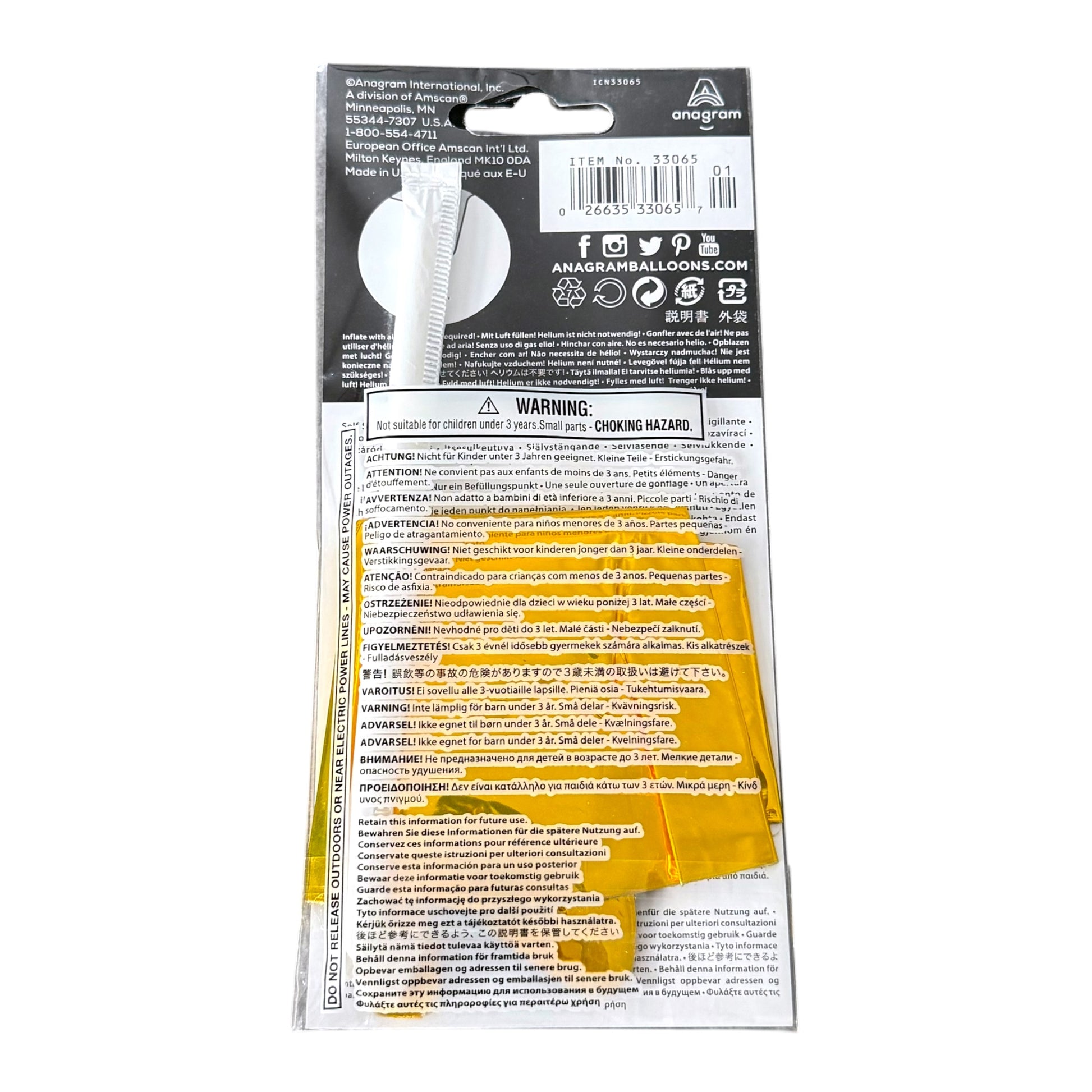 Packaged balloon on a hanging card with product information, barcode, and safety warning text, photographed against a white background.