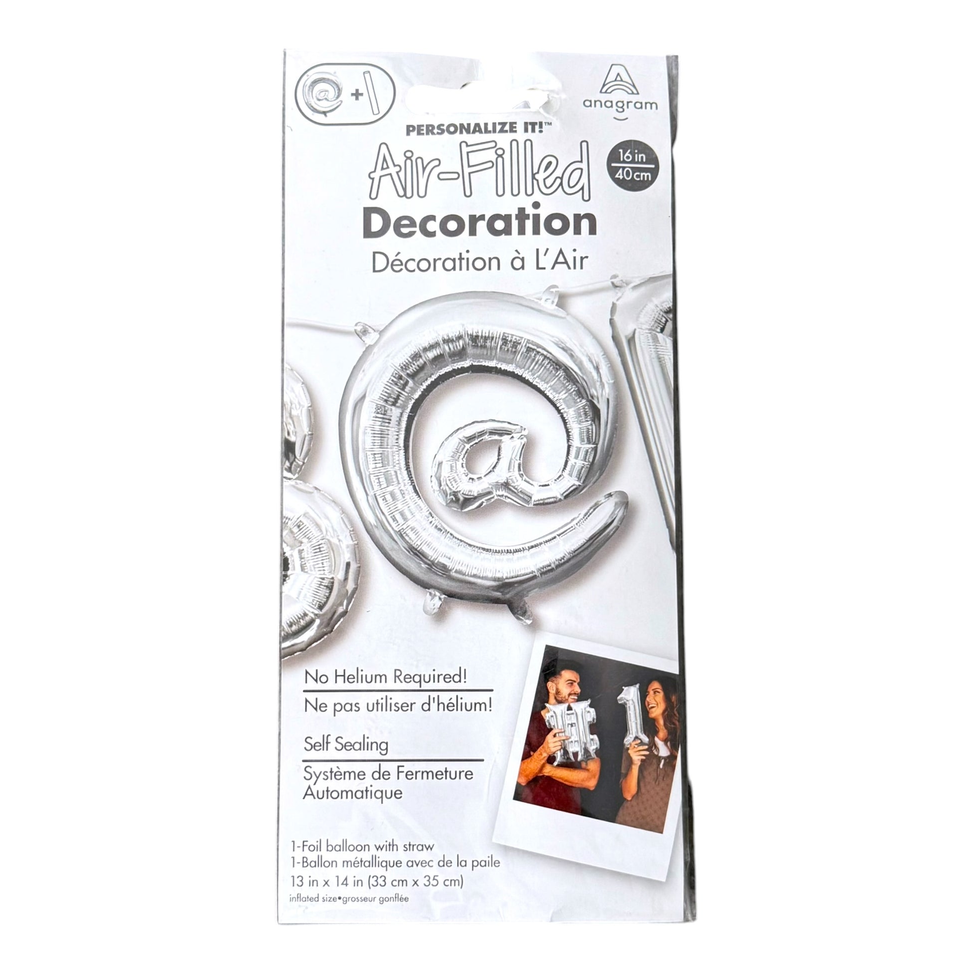 Anagram Air-Filled Decoration silver foil '@' balloon, on a white background.