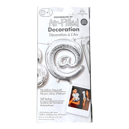 Anagram Air-Filled Decoration silver foil '@' balloon, on a white background.