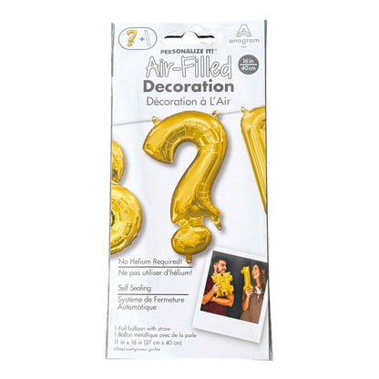 Anagram Air-Filled Decoration foil balloon in a gold question mark shape, shown in its retail packaging.