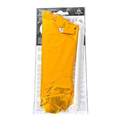 An gold inflatable balloon packaged in a clear plastic pack with a white and black backing card, shown against a plain white background.